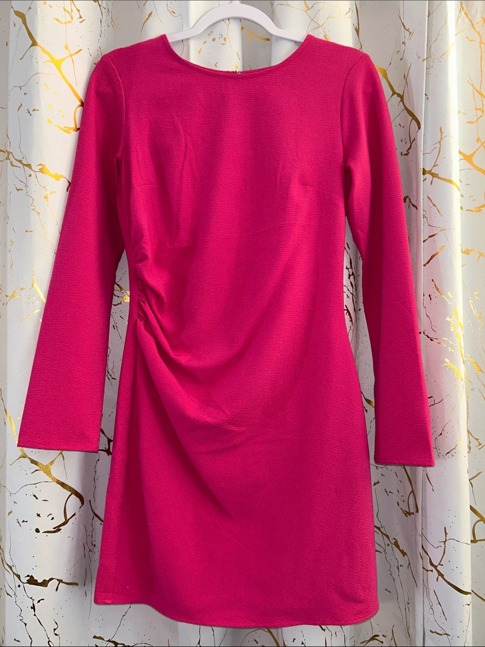 H&M Women's Fuchsia Long-Sleeve Ruched Shift Dress Size small